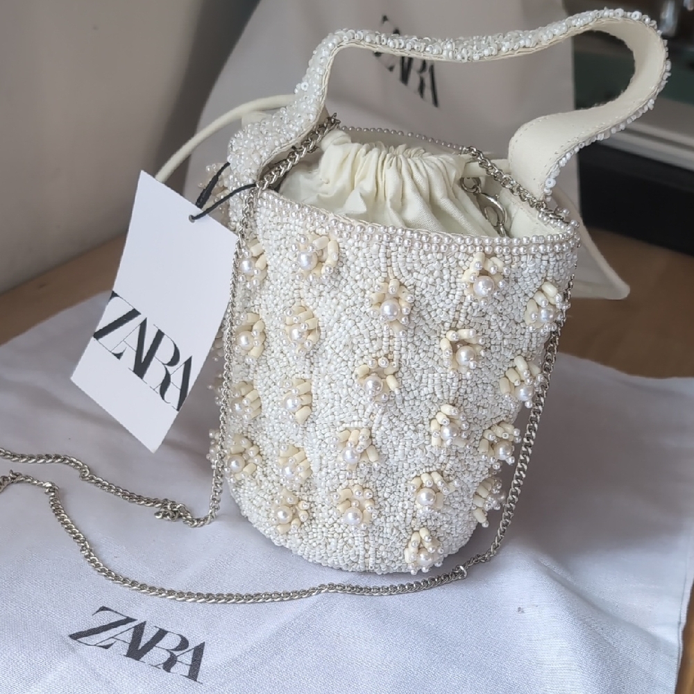 Zara White pearl Beaded Bucket Bag Top Handle Shoulder Chain Strap NWT